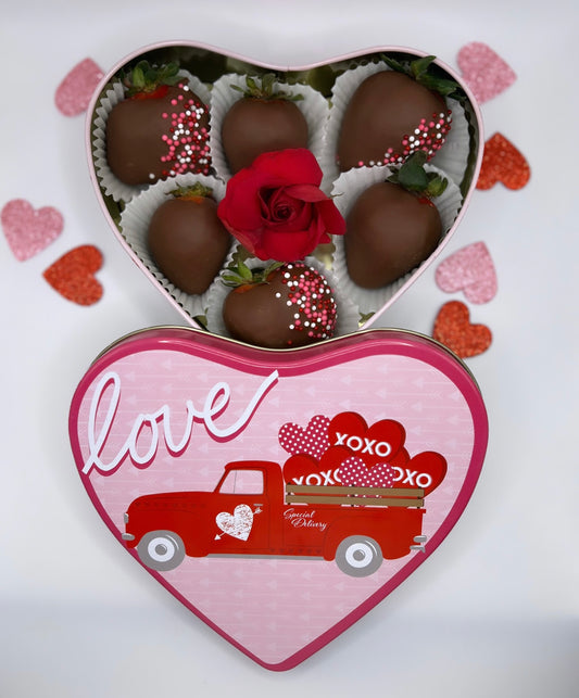 Chocolate Covered Strawberries in Valentine’s Day Tin
